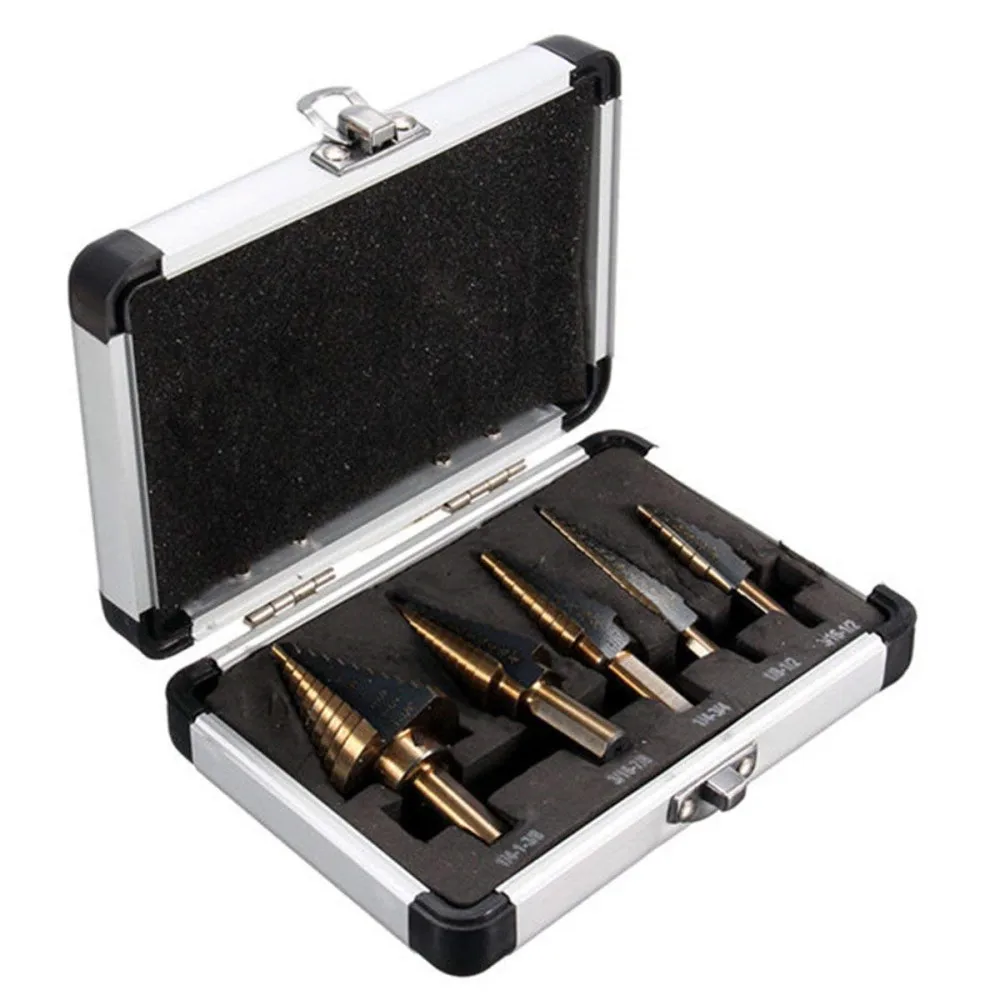 

5PCS Titanium Step Drill Bit Set with Automatic Center Punch, 50 Sizes in 5 High Speed Steel Drill Bits Set for Sheet Metal with