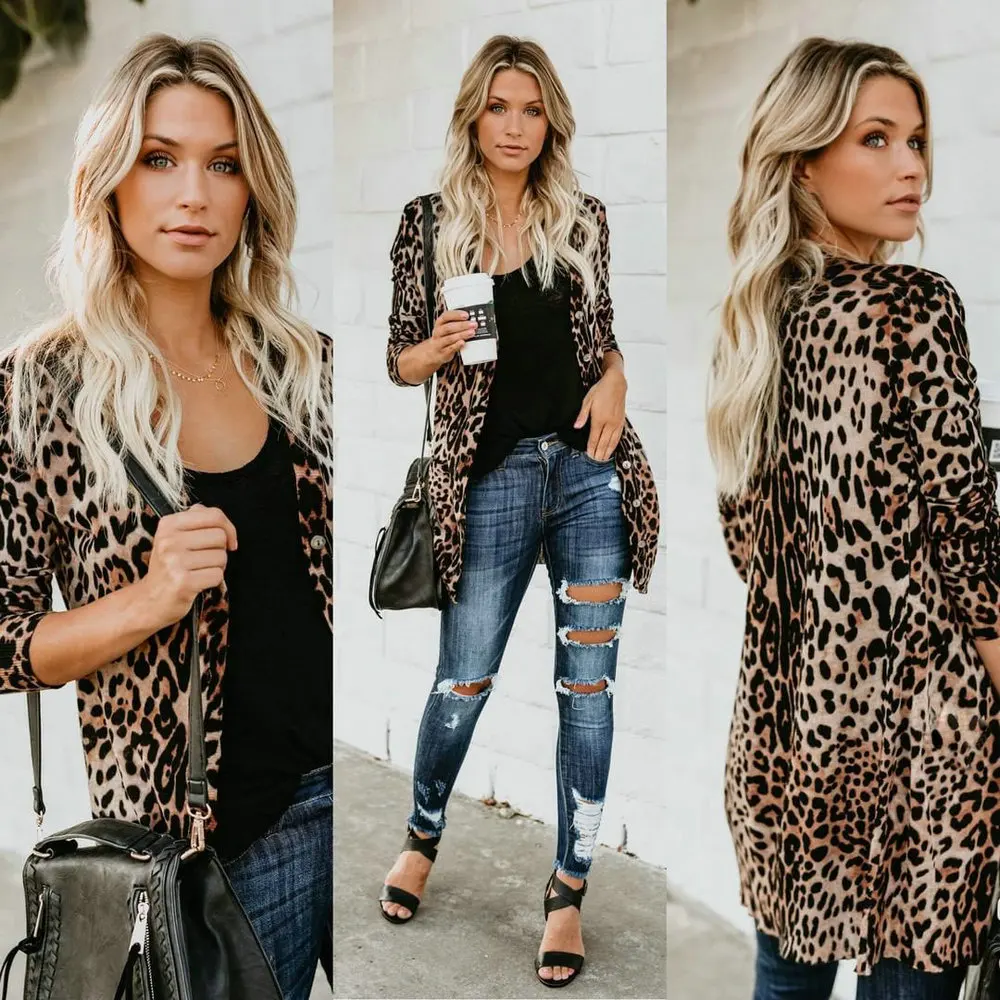 

Leopard Printed Kimono Cardigan Coat Button Womens Spring&Autumn Jacket Long Sleeve Up Slim Vintage Long Coats Female Outerwear