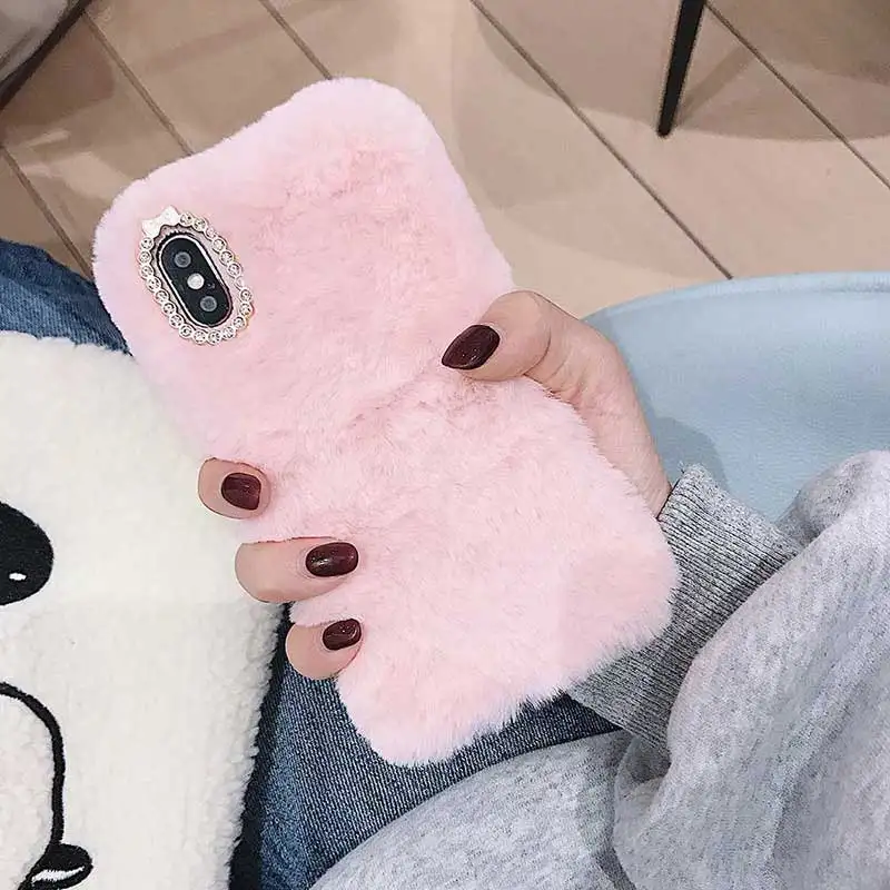 simple pink Boucho теплый чехол для телефона iPhone 11 Pro XS Max XR X, чехол с объемными заячьими ушками, меховой пушистый меховой чехол для iPhone 6 6S 7 8 Plus - Цвет: simple pink