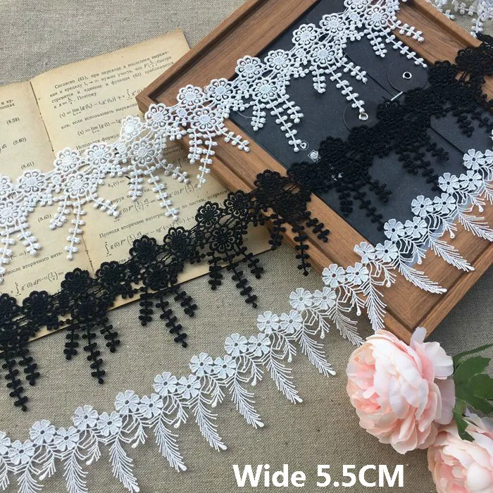 

5.5CM Wide Exquisite White Black Lace Guipure Floral Embroidery Fringe Ribbon Curtains Clothing Tassel Sewing Appliques Material