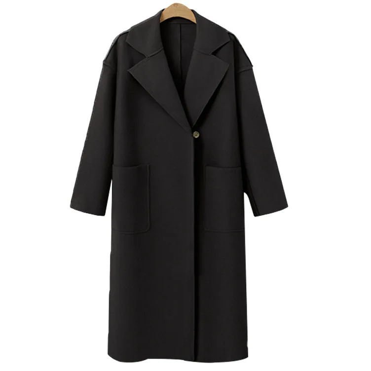 Женское зимнее шерстяное пальто manteau femme длинные черные с открытым швом; одноцветные шерстяное пальто с карманами; женские пальто; осенняя одежда