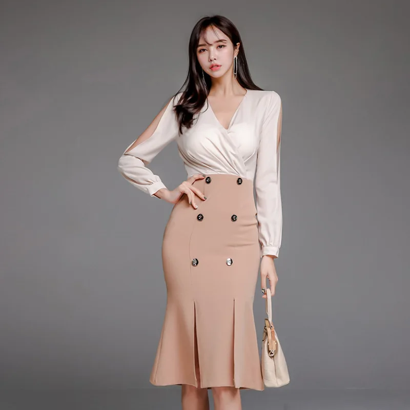 

2019 Spring And Autumn New Style Women's Korean-style Ol Elegant V-neck Long Sleeve Slim Fit Mock Two-Piece Base Flounced Dress