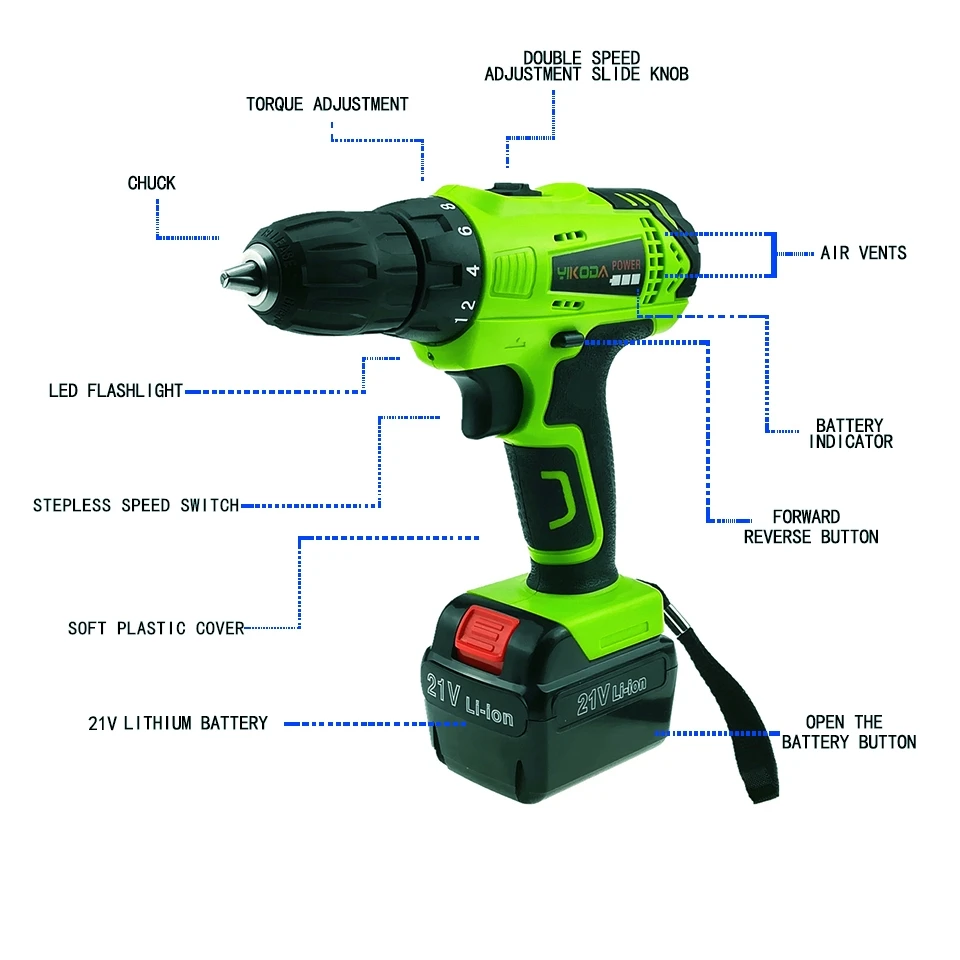 21 v беспроводной электродрель Бытовая отвертка DIY электроинструменты перезаряжаемый два литиевых аккумулятора картонная упаковка