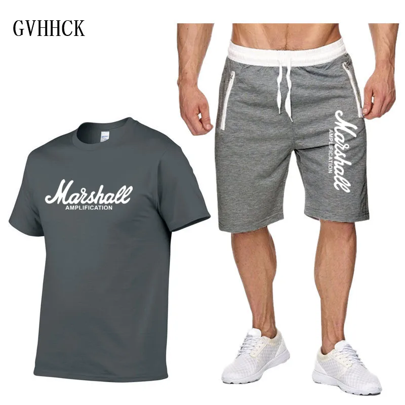 Футболка Marshall+ шорты, мужская спортивная одежда, летний костюм, футболка с коротким рукавом, топ, модная футболка, Harajuku, хип-хоп, уличная одежда