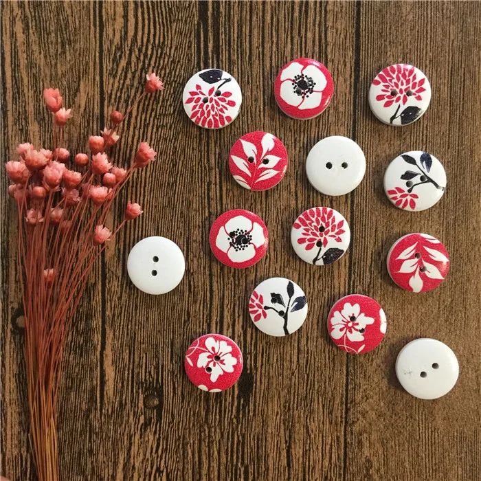 100pcs Red Flowers Painted Wood Round Buttons 15mm 2 Holes Sewing Button Embellishments Crafts Scrapbooking Cardmaking | Дом и сад
