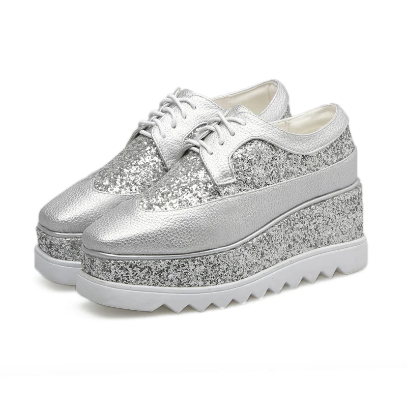 2019 Summer New Ladies Brogue Silver Flats Fall 7cm High Heels 4cm Platform Shoes Casual Office Women Autumn Glitter Bling shoes | Обувь