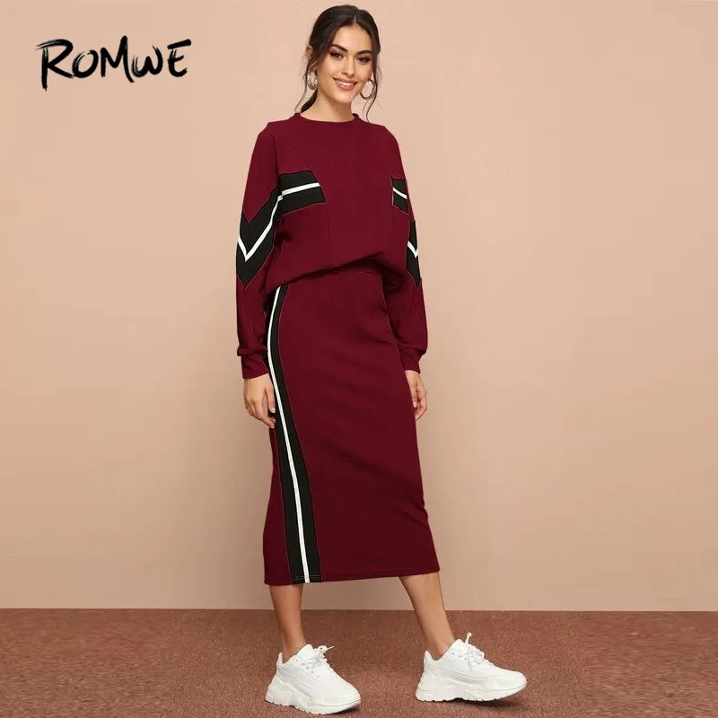 Tanie ROMWE w paski, teksturowana górna i podziel powrót spódnica ołówkowa 2 sztuka zestaw kobiety na co dzień z długim rękawem dres spódnica trzy czwarte dwuczęściowy strój