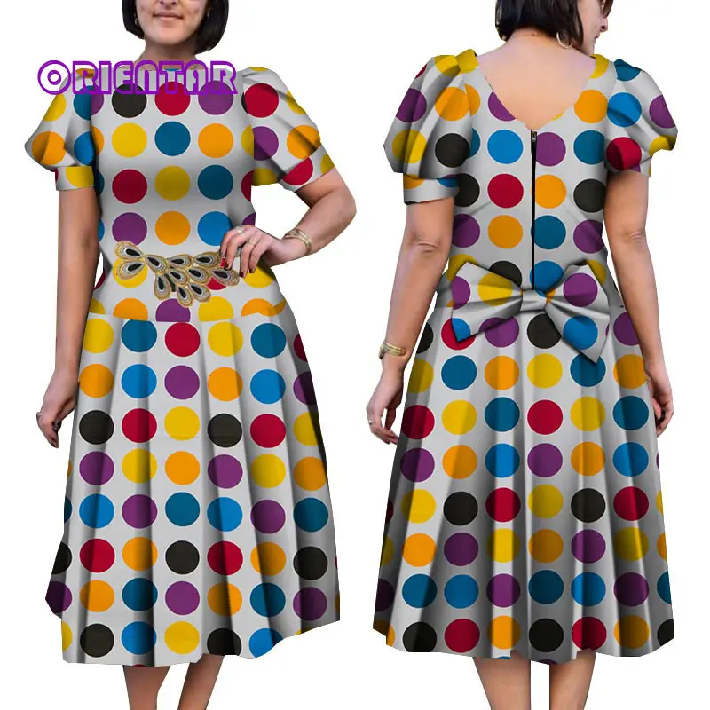 

2019 African Ball Gown for Women Cute Puff Sleeve African Print Cotton Dress with Bow Bazin Riche Lady Midi Dresses WY5035
