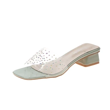 

Summer Clear Transparent Slippers Rivet Peep Toe Med Heels Slippers Female Colorful Women Shoes Woman Mules Slides Ladies Shoes