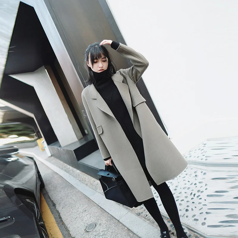 Женское осенне-зимнее шикарное шерстяное пальто, Женское пальто средней длины, элегантный корейский стиль, тонкая верхняя одежда, пальто Abrigo Mujer - Цвет: Green