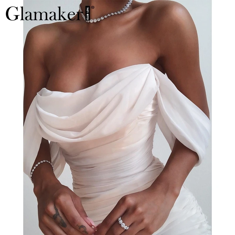 

Glamaker Off shoulder white mesh pleated bodycon dress Women summer strapless sexy long dress Female elegant club dress vestidos