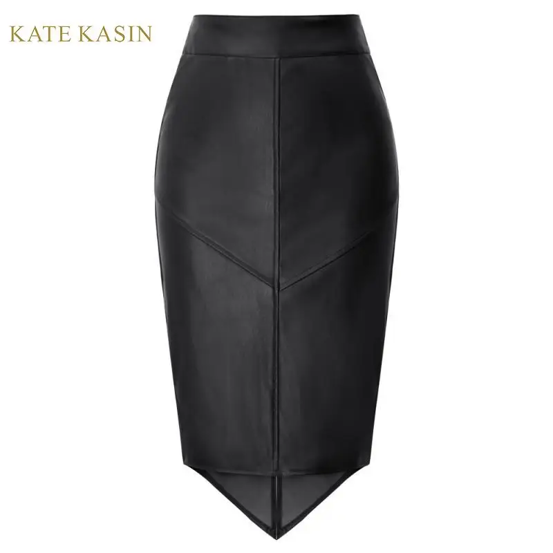 

Kate Kasin Women Faux Leather Pencil Skirt Irregular Back Split Hips-wrapped Skirts Black/Red PU Leather Asymmetrical Midi Skirt