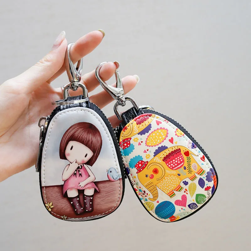 Fashion Painted Design Women Girls Key Bag Small Leather Key Wallets Housekeepers Car Holder Case PU Leather Keychain Pouch