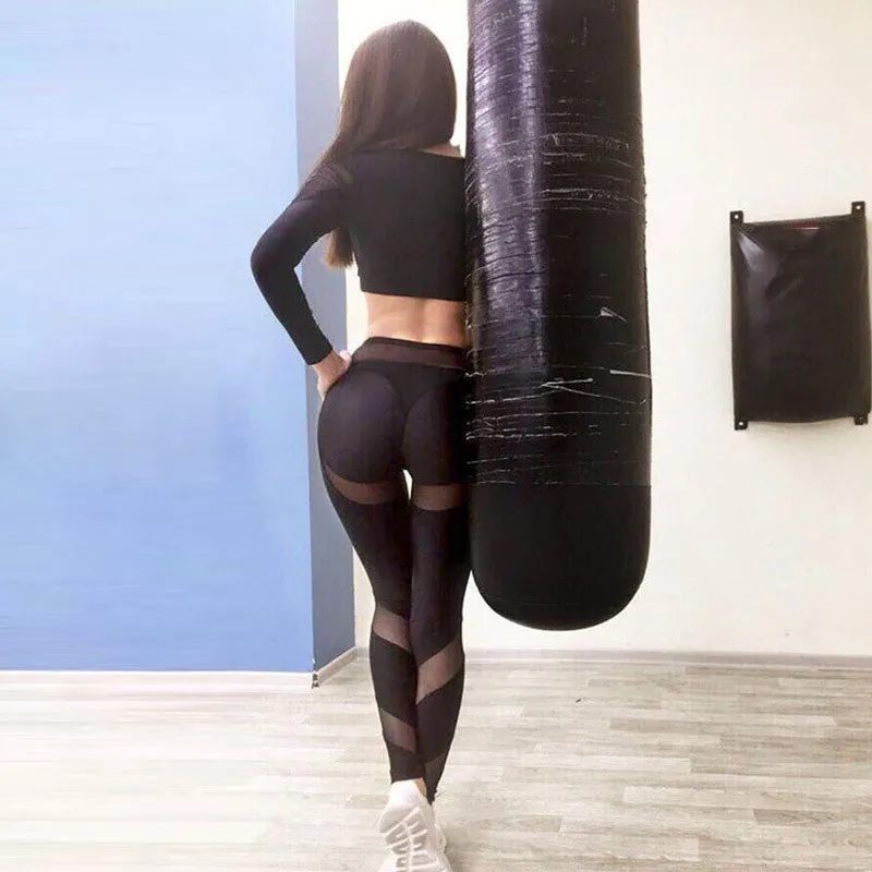 Сексуальные сетчатые женские черные леггинсы для фитнеса, прозрачные Леггинсы пуш-ап, эластичные дышащие спортивные штаны