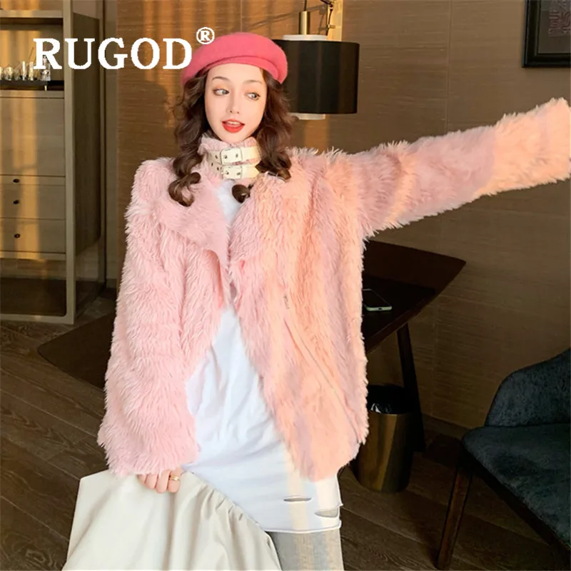 RUGOD модное пушистое пальто из овечьей шерсти, женское элегантное плотное зимнее пальто со стоячим воротником и длинным рукавом, корейское Новое флисовое пальто casaso