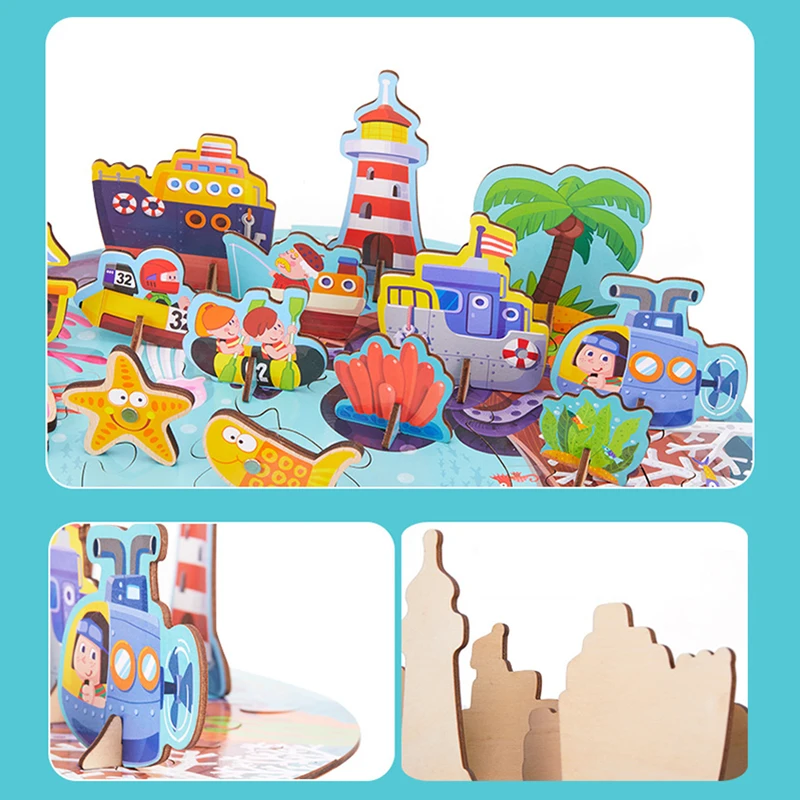 Kids Wooden Puzzle Toy 3In1 DIY 3D Cartoon Magnetic Fishing Baby Jigsaw Puzzle Board Children Educational Games Montessori Toy