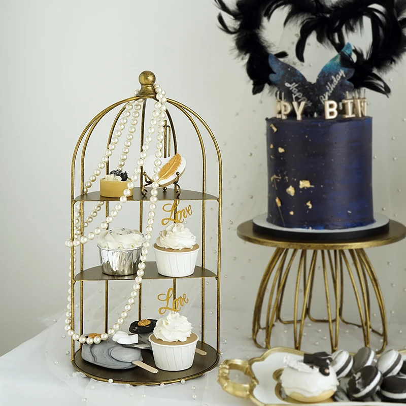 SWEETGO birdcage cupcake holders gold/silver storage racks for makeup/perfume/jewelry cake table