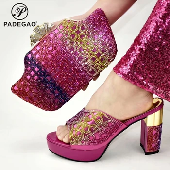 

2020 Fuchsia Color Italian Women Shoes and Bag to Match Nigerian Lady Shoes Match Bag for Wedding with Shinning Crystal