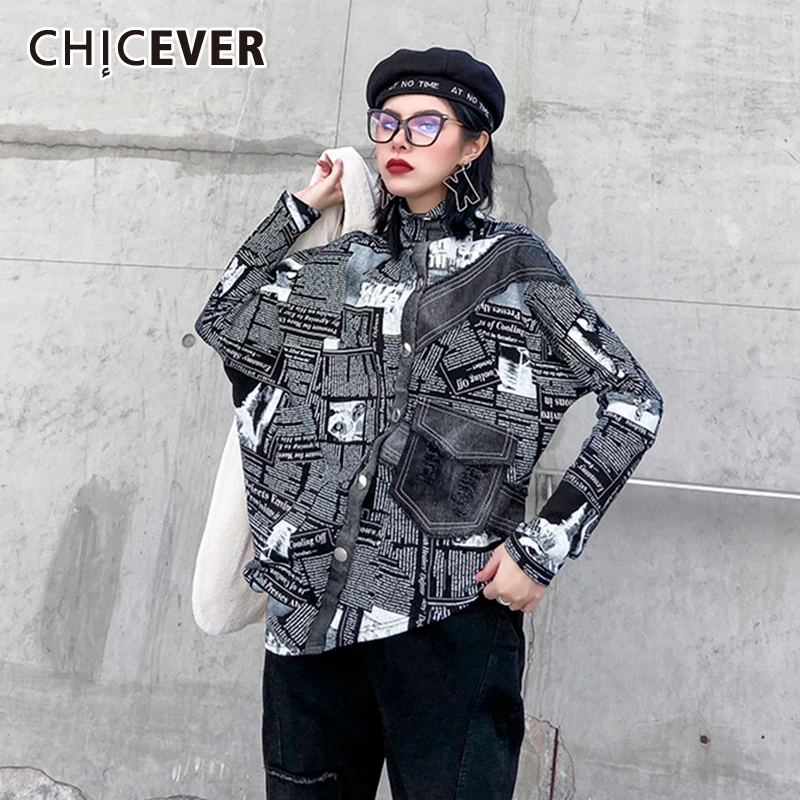 CHICEVER, винтажная Лоскутная Блузка, женская, стоячий воротник, длинный рукав, карман, негабаритная, повседневная, нестандартная, рубашка для женщин,, одежда, новинка