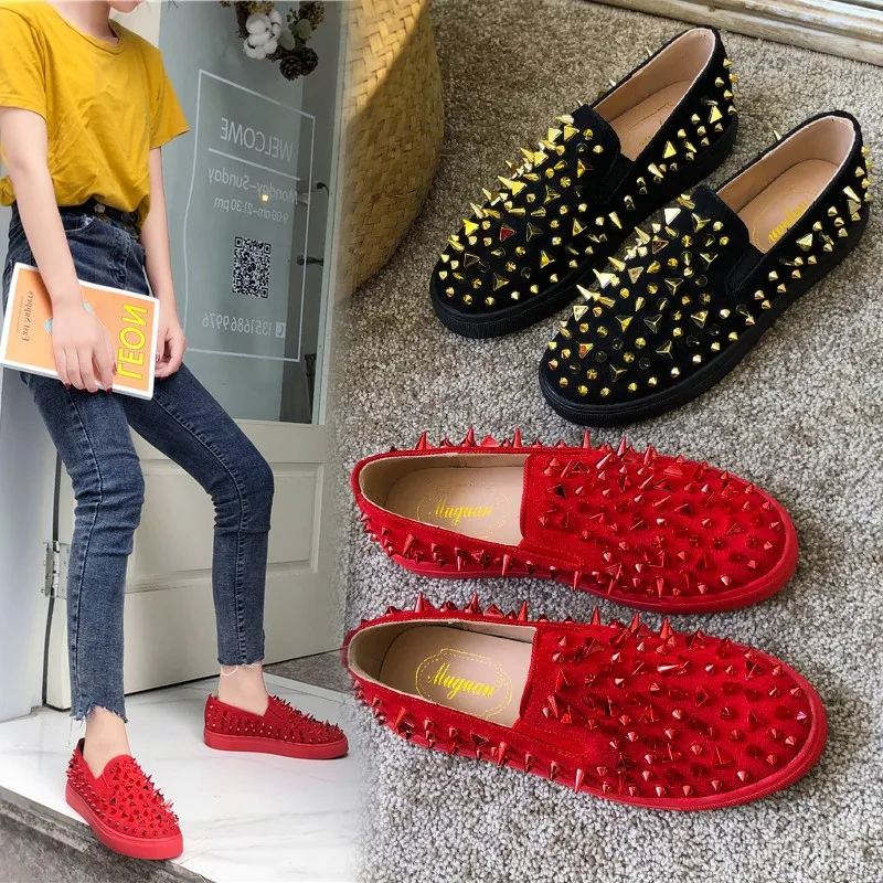 

Women Rivet shoes Flats Platform Sneakers Crystal Rivers lady shoes slip on creepers moccasins black Red Plus Size 42 43 Loafers