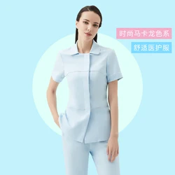 Clínica médica com decote em v conjunto magro pet grooming esfrega enfermagem de manga curta por atacado médico vestido cirúrgico