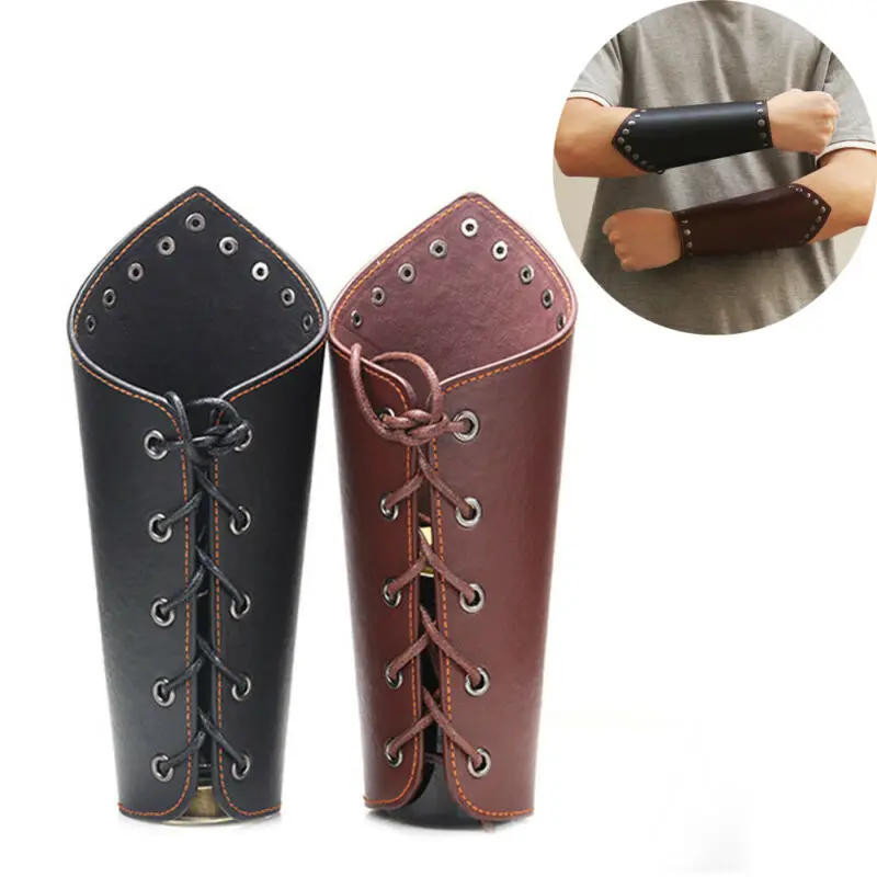 HZMAN Adults Faux Leather Arm Guards Medieval Metal Armor Style Bracers Leather Adjustable Black Armband 