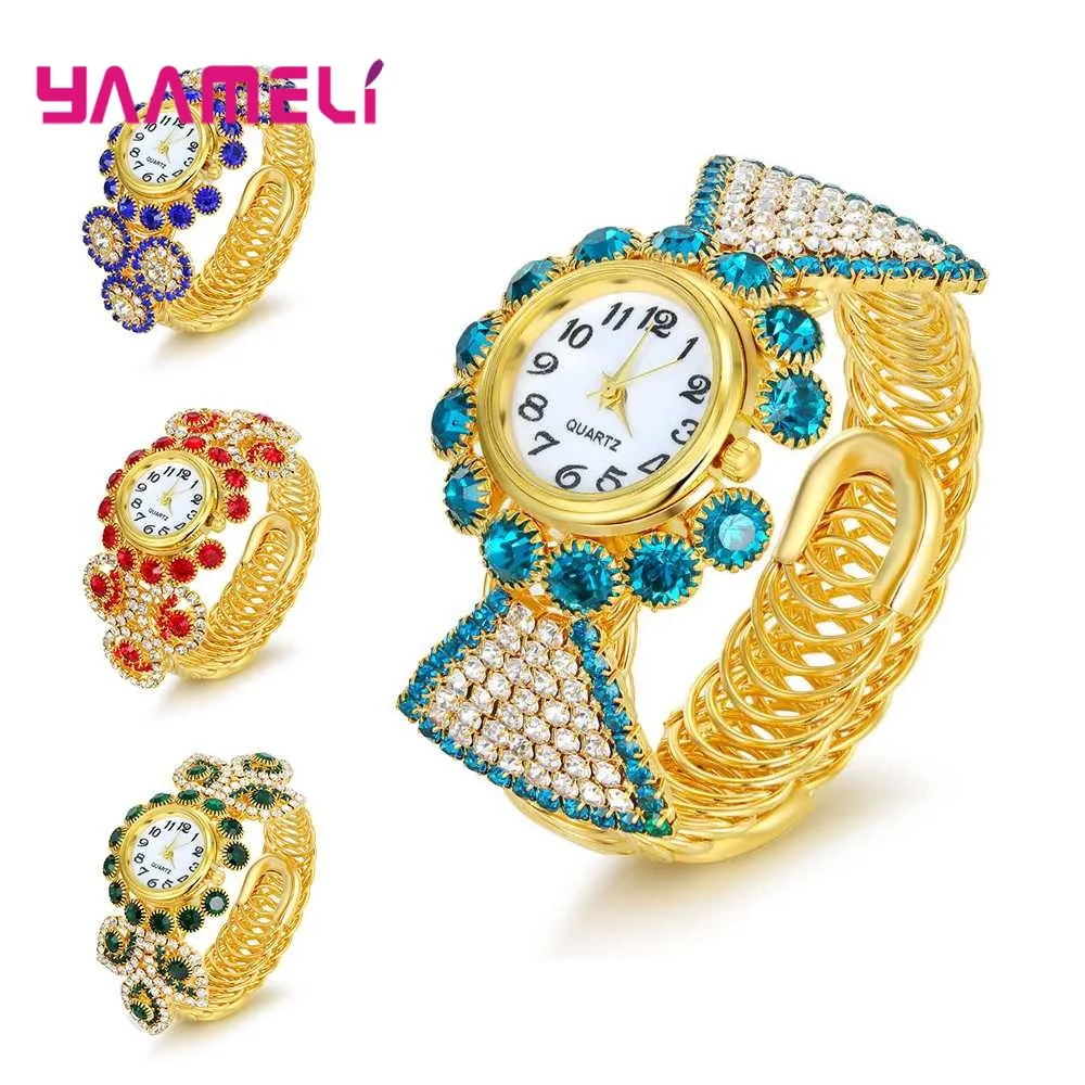 

Hot Sale Women Quartz Wristwatch Fashion AAAAA Cubic Zircon Full Rhinestone Inlay Opening Bands Bracelets Bangles Resizable