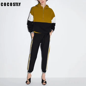 

two piece set patchwrok Kangaroo suit Colour collision hooded jacket jogger pants conjuntos de mujer tracksuit women