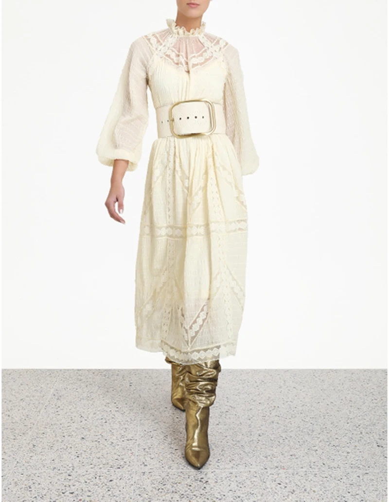 [MENKAY]Hige Neck Lace Pleated Fairy Dress Women Solid Color Sweet Party Solid High Waist Midi Dress