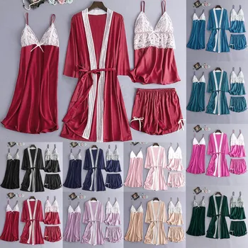 

4PC Women's Pajamas Silk Floral Satin Lace Pajama Set Camisole Bowknot Shorts Nightdress Robe Pajamas Lingerie Nightie Sleepwear