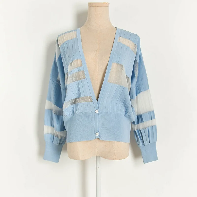 

Summer 2020 New Fashion Street Style See-through Loose Sweater Cardigan Women Sexy Deep V-neck Knitwear Tops