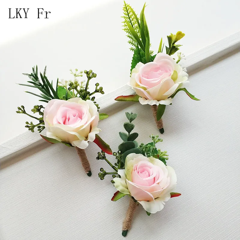 

LKY Fr Wedding Boutonniere Buttonhole Groom Pink Artificial Silk Flowers Wrist Corsage Bracelet Bridesmaid Marriage Accessories