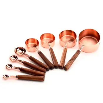 

8pcs Walnut Wooden Handle Stainless Steel Measuring Cups and Spoons Set Coffee Sugar Scoop Baking Kitchen Measuring Tool
