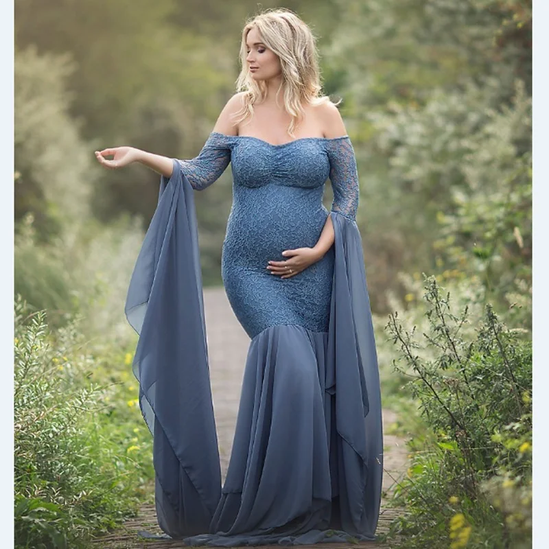 

Fashion Maternity Dress For Photo Shoot Maxi Maternity Gown Long Sleeves Lace Stitching Fancy Women Maternity Photography Props