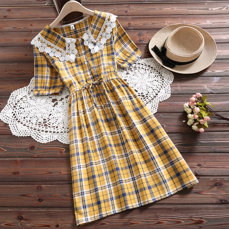 

Summer New Style College Style Plaid GIRL'S Students Lace Collar Waist Hugging Lace-up Short Sleeve Full Body Dress S27837