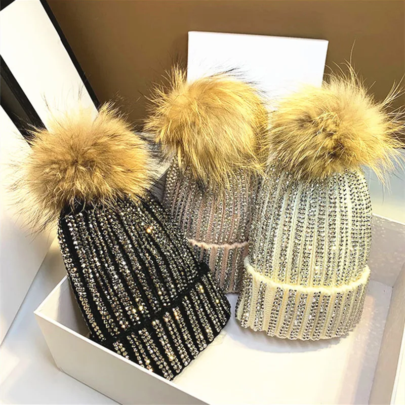 

New Women Handmade Striped Rhinestone Bones Removable Winter Warm Fur Pom Knitted Hats Skullies Beanie With Fur Ball