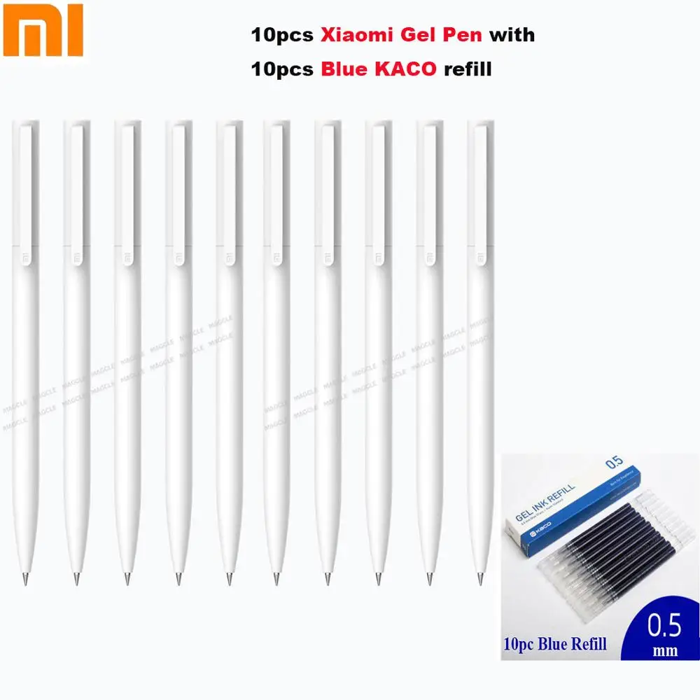 10pen and 10blue Новые гелевые ручки Xiaomi Mijia, 10 шт., без колпачка, 0,5 мм, цилиндрическая ручка PREMEC, гладкая швейцарская заправка MiKuni, японские чернила, черные+ 10 шт., KACO Refil - Цвет: 10pen and 10blue