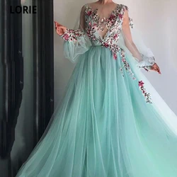 LORIE Arabic Evening Dresses Appliques 3D Flowers Long Sleeve Tulle Green Fairy Prom Gown Celebrity Party Dress for Teens
