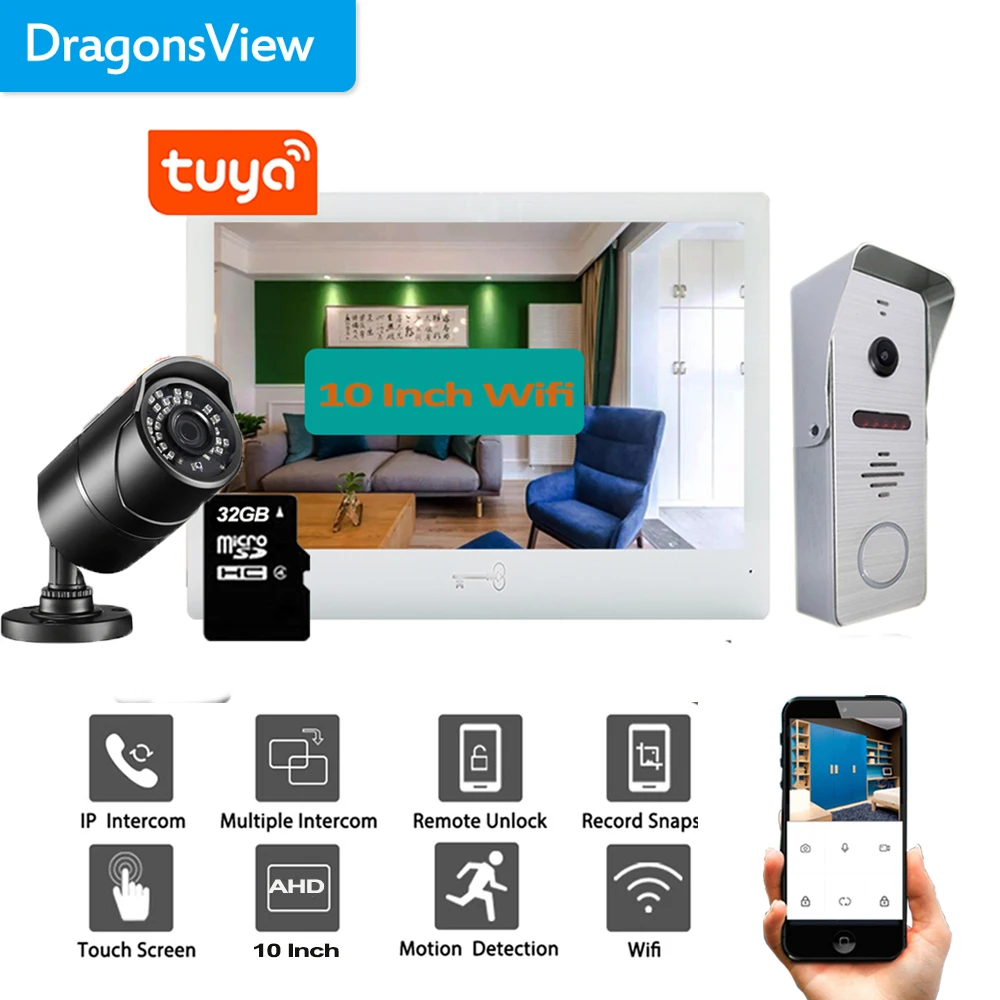 intercom with screen Dragonsview  10" Color Video Door Phone Wifi Wireless Video Intercom System Tuya App Mobile Unlock Monitor Day Night IR video intercom doorbell Door Intercom Systems