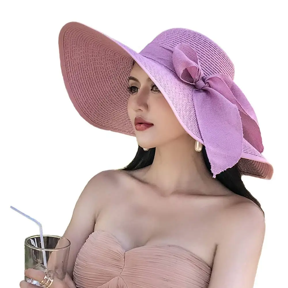 Womens Wide Brim Straw Hat Floppy Foldable Roll up Cap Beach Sun Hat UPF 50+