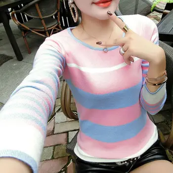 

2019 Striped Stretch Knitted Sweaters Female Mix Color Long Sleeve Tops Autumn Winter Slim Round Collar Pullover Sweaters