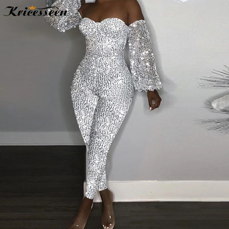 

Kricesseen Sexy Sequined Off The Shoulder Skinny Jumpsuit Autumn New Women Silver Long Sleeve Bodycon Party Club Rompers XXL