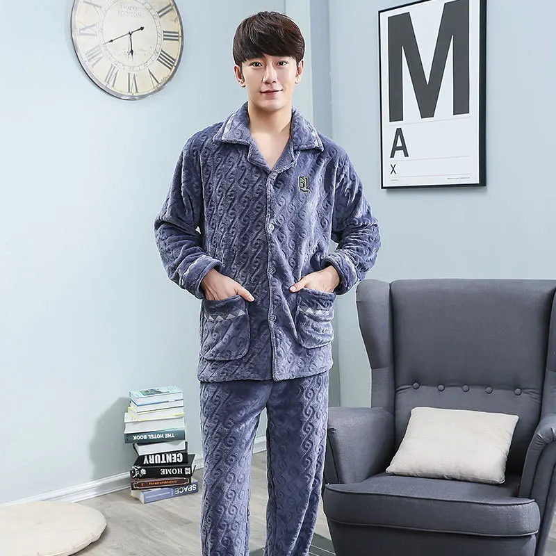 

[Snow Dan] 3 PCs Color Men Pajamas Winter Coral Velvet Thermal Suit Autumn & Winter Flannel Tracksuit