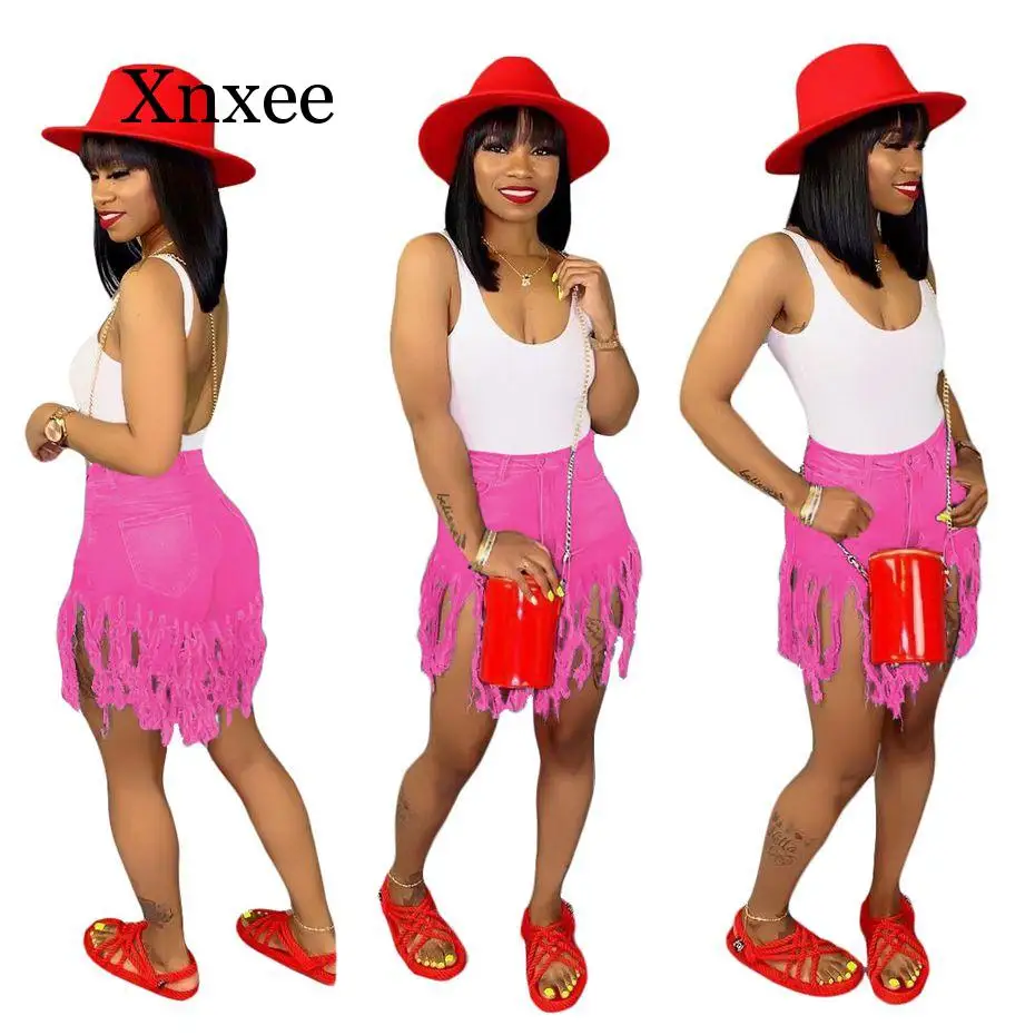

Camo Plus Size Tassel Denim Shorts Women Elastic High Waist Rave Short Jeans Summer Streetwear Neon Casual Biker Short Pants
