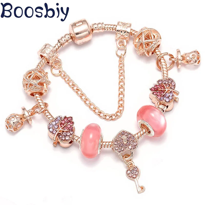 Crystal Bees Gold Color Charm Bracelet For Girl Glass Beads Fine Bracelet For Women DIY Jewelry Gift Red 16cm