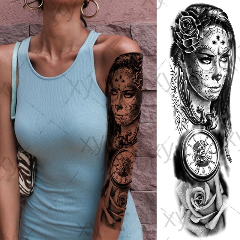 

Sexy Girl Flower Temporary Tattoos for Women Men Totem Warrior Skeleton Tattoo Sticker Fake Tribal Full Arm Sleeve Tatoos Paste