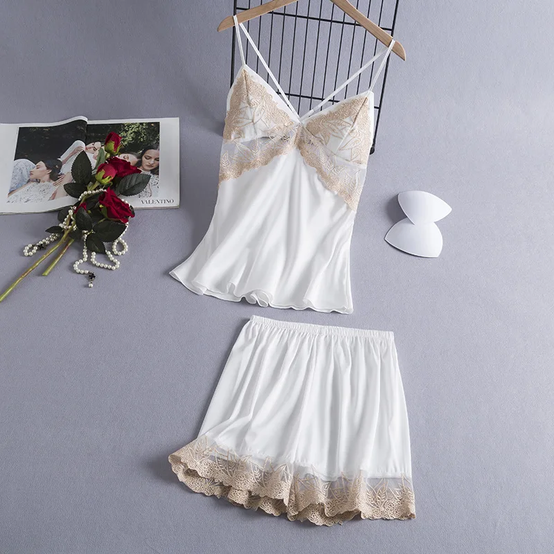 

Satin Pajamas Set Women Sexy Strap Top&Shorts Lace Patchwork Pyjamas 2 Pieces Suit Soft Home Clothes Intimate Lingerie