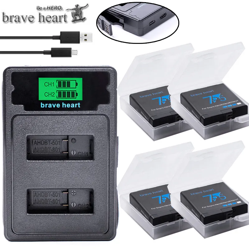 

Fully Decode Go pro Hero5 Hero6 Battery with case + type-c USB LCD Charger For GoPro Go pro Hero 5 6 7 black Camera Accessories
