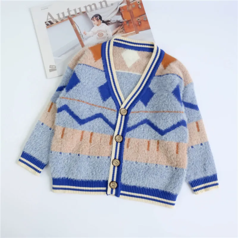 Плотный пушистый вязаный детский свитер с геометрическим рисунком и вуалью для детей от 1 до 6 лет, кардиган синего цвета с волнистым узором, вязаный свитер для мальчиков, куртка, вязаное пальто