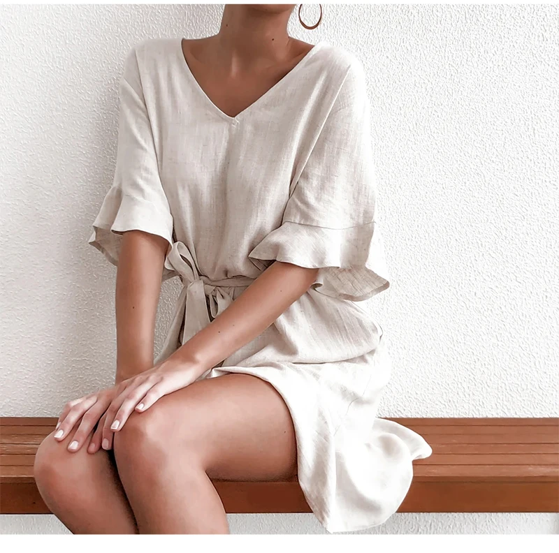 DICLOUD Casual Solid Cotton Linen Dresses Women Summer Short Sleeve V Neck Mini Party Dress Ladies A-line Summer Outfit